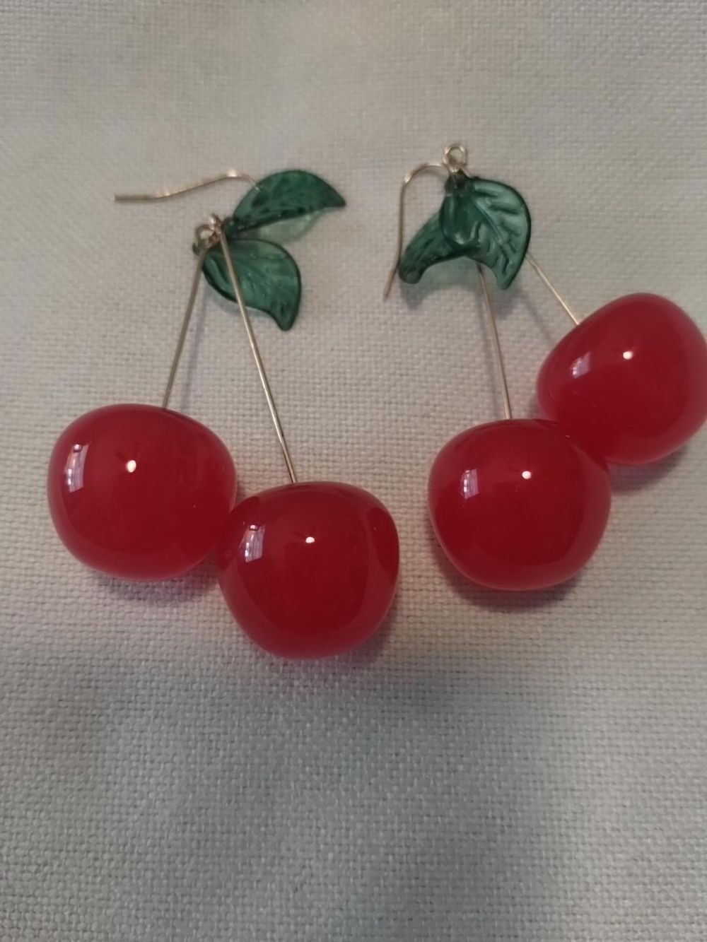 Cherry Drop Earrings - Red with Green Leaves